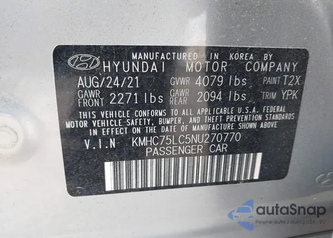 2022 Hyundai Ioniq Hybrid Se z USA, uszkodzony, nr VIN KMHC75LC5NU270770